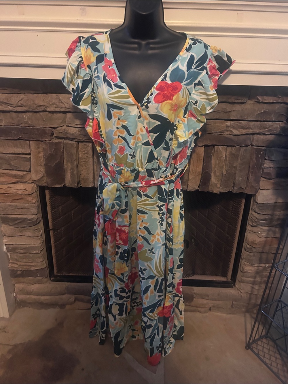 BloomChic Teal Floral Maxi Dress with Ruffle Sleeves